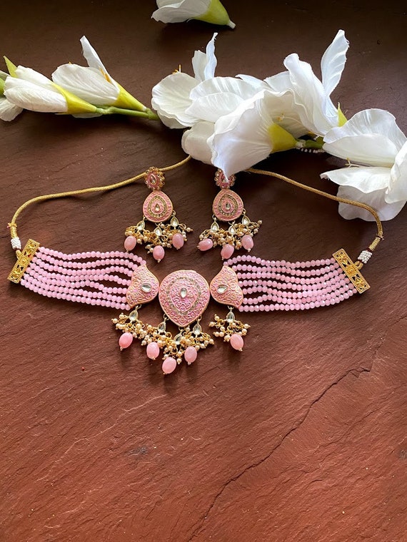 Kundan Choker Kundan Necklace Set Pink 