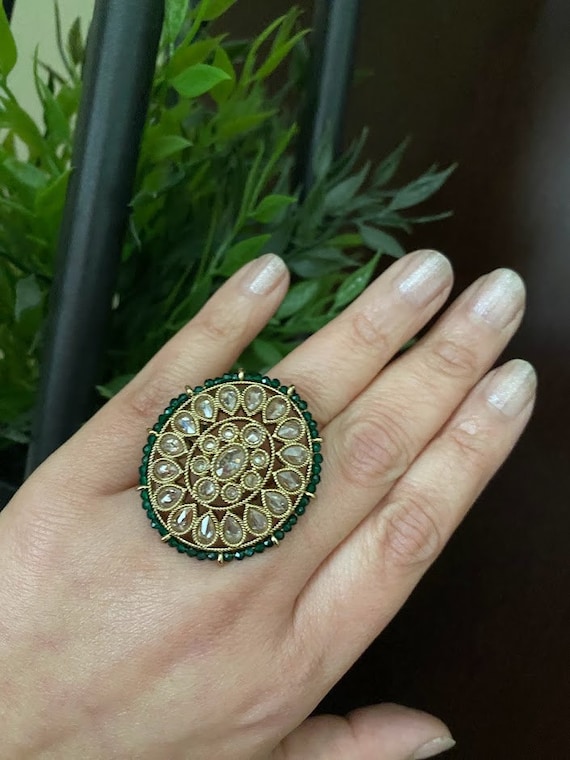 Dev I - Ladies' Bridal Kundan Ring w/ Square Cut & Pink Precious Stone – B  Anu Designs