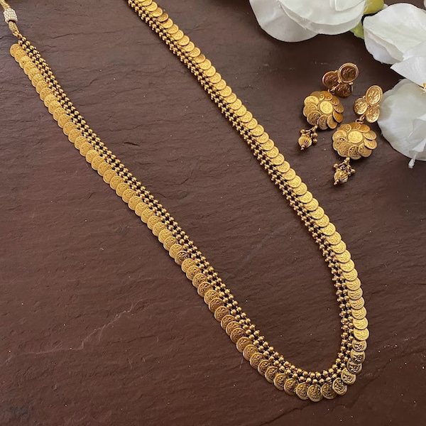 Coin Long Necklace / Antique Gold Necklace/Indian Necklace/South Indian Necklace/Lakshmi Coin Necklace/ Indian Jewelry/Kasu mala/ long Haram