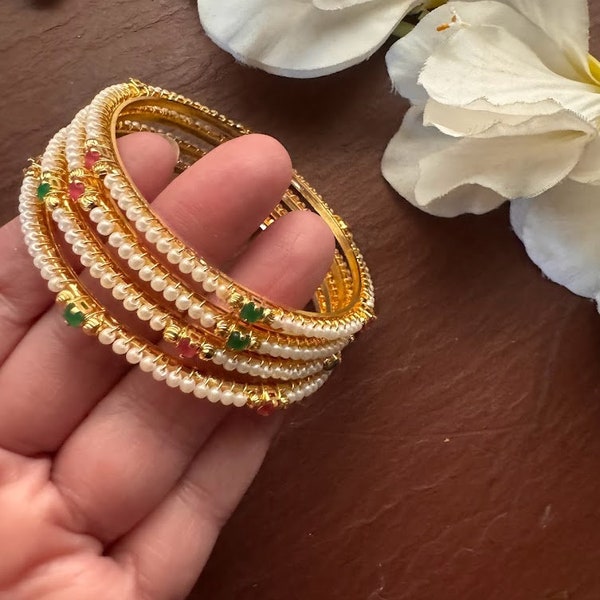 Pearl Bangles set/ Bangles / Indian Bangles/Pearl Gold Bangles / Indian wedding jewelry/ Pakistani jewelry/ CZ Bangles /Bridal Bangles set