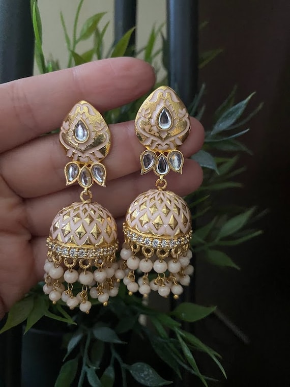 Pink Kundan Jhumka Earrings Meenakari Jhumka off White Earrings