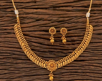 Gold Plated Indian Choker Necklace: Floral Bridal Jewelry