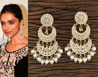 Kundan Chandbali Earrings: Indian Pearl Jewelry/green long earrings/ hotpink earrings