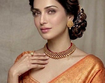 Conjunto de collar de thushi dorado: joyería tradicional india tipo gargantilla