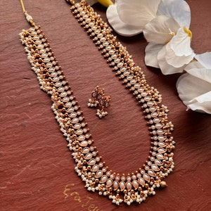 Kemp Long necklace/Pearl Guttapusalu necklace /south Indian necklace /matte gold necklace /temple jewelry/ bridal jewellery /Indian jewelry