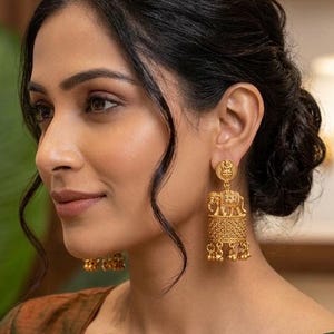 Gold Temple Jhumka Earrings with Elephant Motif – South Indian Bridal Jewelry, Antique Finish Ethnic Jhumki for Wedding & Festive Wear