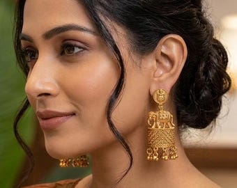 Gold Temple Jhumka Earrings with Elephant Motif – South Indian Bridal Jewelry, Antique Finish Ethnic Jhumki for Wedding & Festive Wear
