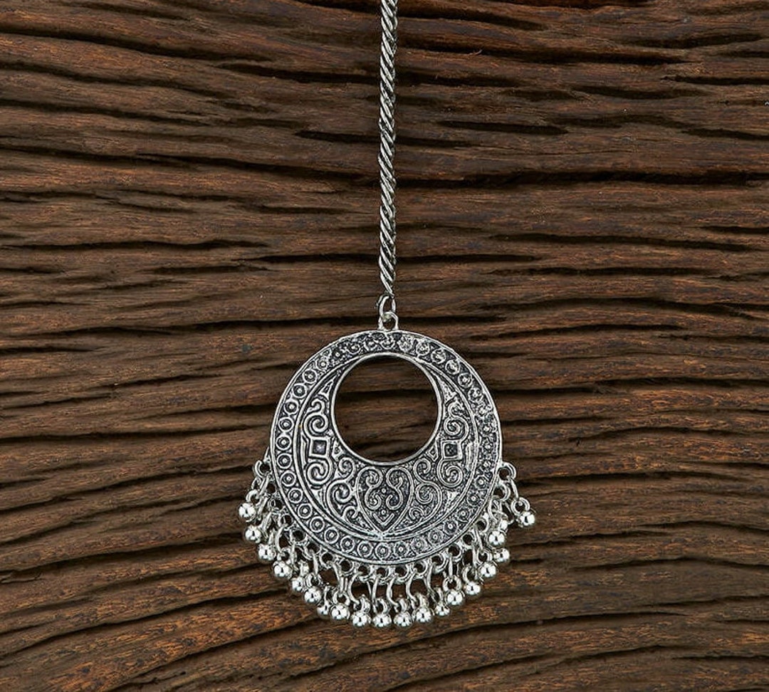 Antique Finish Oxidised White Metal Maang Tikka 68
