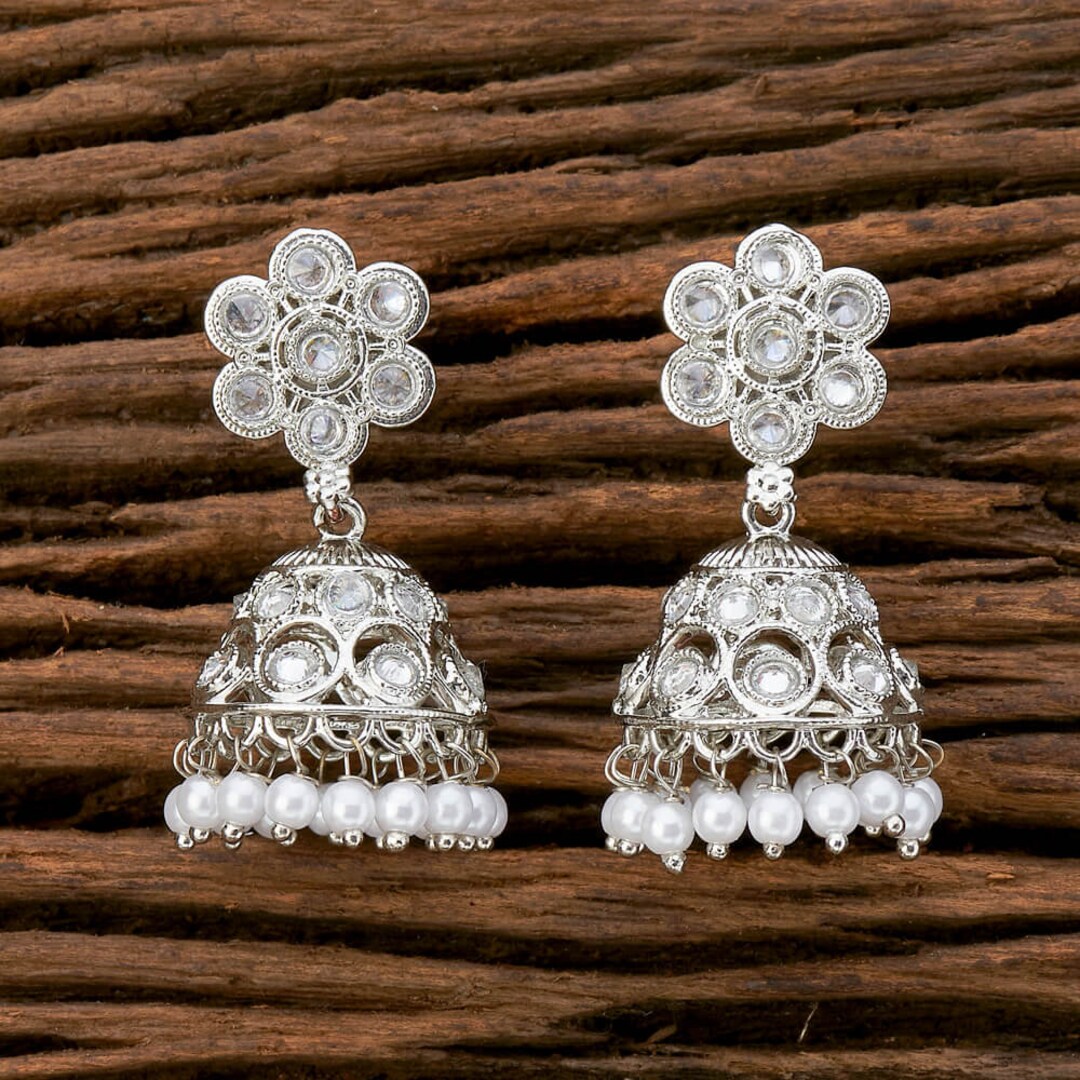 Silver Polki Jhumka rhodium Plated Earrings stone Jhumka indian Jewelry pakistani punjabi statement Earring bridal Earring indian Wedding Etsy