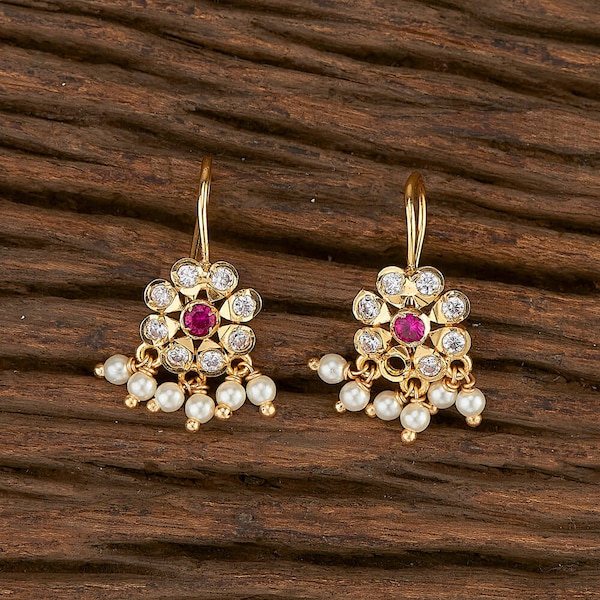 Gold Plated Ruby & Pearl Bali Earrings: South Indian Temple Jewelry