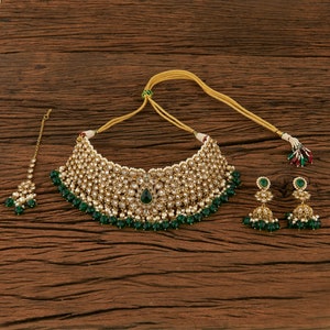 polki Choker/kundan choker/ Indian Necklace /antique dull gold necklace/bridal choker set /Green choker/indian choker/Indian Bridal necklace