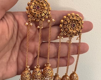Chandelier Earrings/Matte Gold Jhumkas/ Kundan earrings/Jhumkas/ Gold earring/Indian earrings /pearl jhumkis /indian jewelry/Temple Jhumka