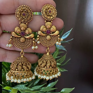 Matte Gold Jhumka/kemp Jhumkas/ South Indian Earrings/ Polki - Etsy