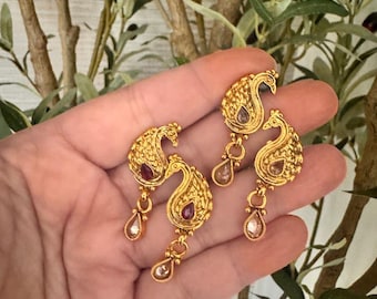 Gold Jhumka delicate Studs/South Indian Temple Earrings with Drops/Peacock studs/Ruby earrings/ Polki Earrings/Small earrings