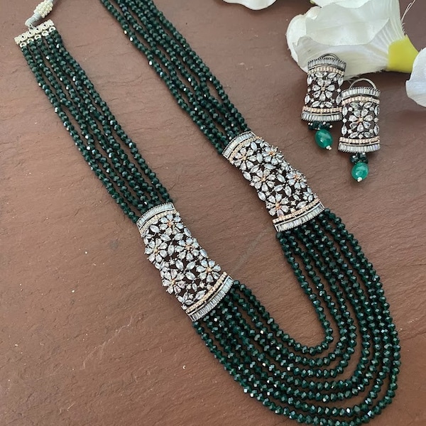 Emerald Green Victorian Necklace, Kundan Long Necklace,  Diamond Necklace, Statement Necklace,Beaded Necklace ,Indian jewelry, Sabyasachi