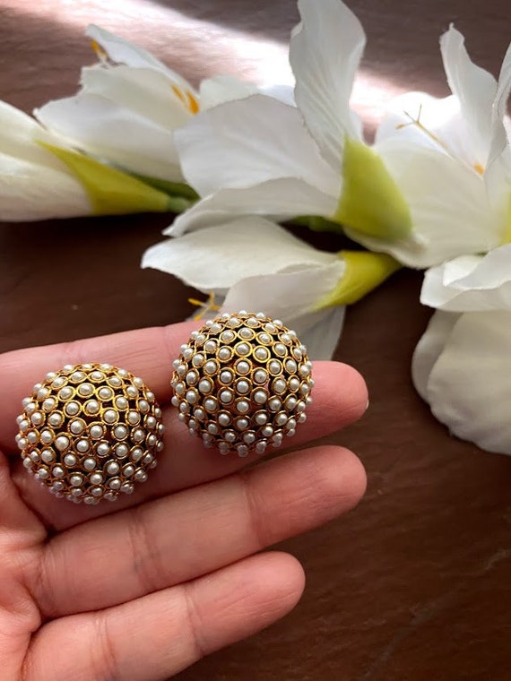 Pearl Kundan Studs: Antique Gold Indian Earrings