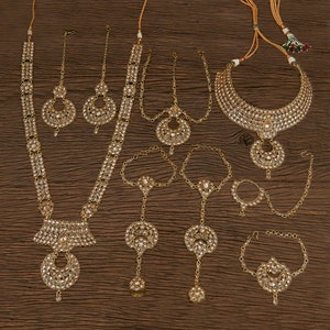 Dull Gold Bridal Necklace set/Polki Set/9 Piece Full Bridal Jewelry Set / Indian Bridal Set/ Pakistani Bridal Set/ Indian Wedding jewelry