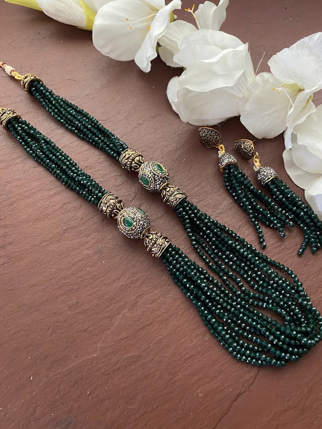 Black and Green Necklace set with Kundan and Pearl string