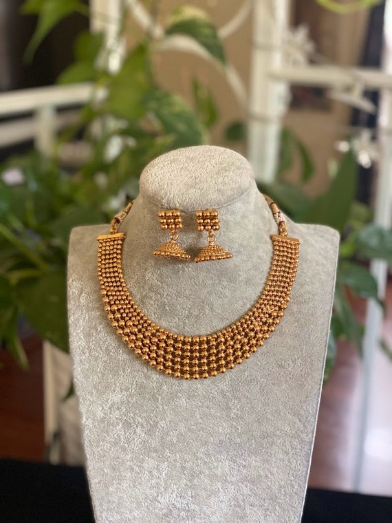 Gold Delicate Necklace Set Indian Jewelry Ethnic Jewelry