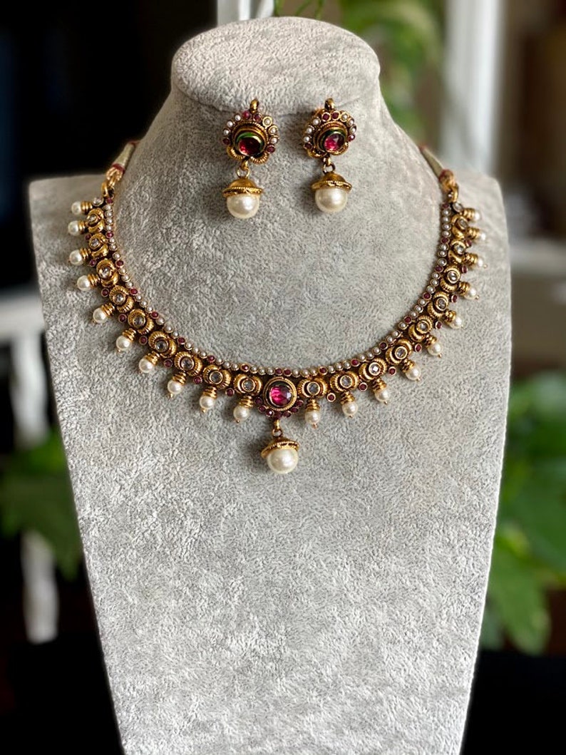 Gold Necklace Indian Gold Necklace Set Indian Choker Pearl Necklace guttapusalu necklace temple jewelry jhumkas South Indian jewelry