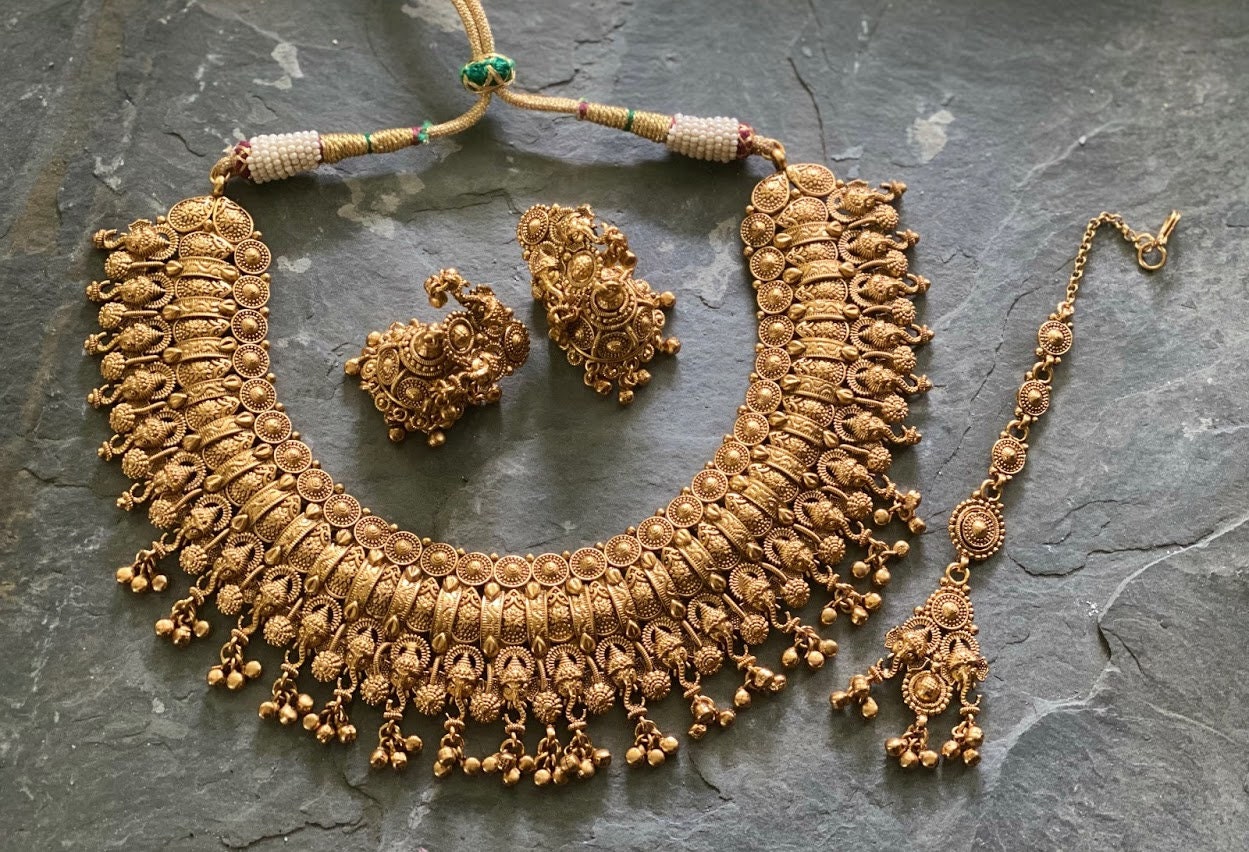 Gold Choker Necklace Set /indian Choker/ Matte Gold Choker/ Etsy