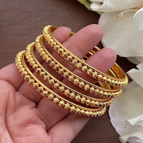 Gold Bangles  ,Shiny Gold Indian Jewelry, Temple Bangles, Bridal Jewelry , temple jewelry, gold ball bangles, wedding jewelry,Pakistani kada