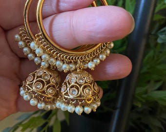 Pearl earrings/Indian earrings/Green gold hoops/ pearl hoops/Antique gold Jhumkis /Baalis/punjabi earrings/pakistani earrings/Ruby Jhumki