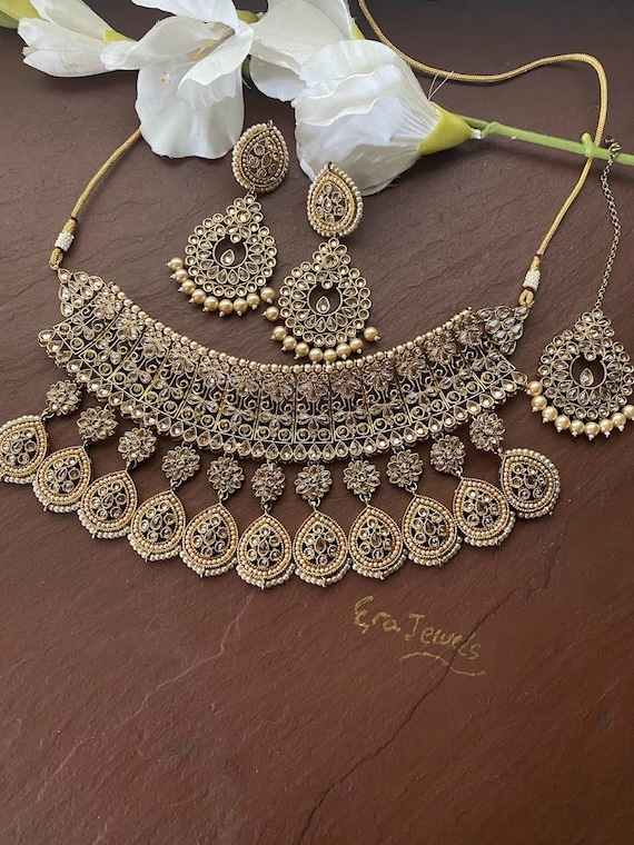 Kundan Bridal Choker Set: Green Beads, Gold Plated Indian Necklace