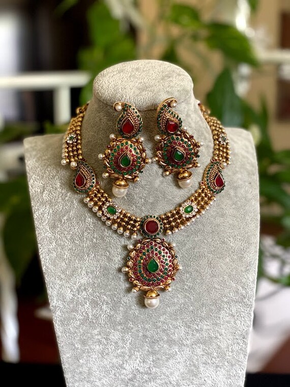 Ruby Red Necklace Antique Gold Necklace Indian Choker south Indian Necklace temple Necklace Indian Jewelry gold Necklace kemp Etsy UK