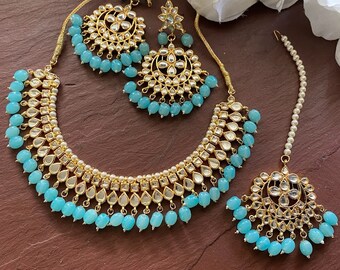 I Jewels Gold Plated Indian Wedding Kundan Necklace Set - Blue Stone Choker With Earrings, Free Size