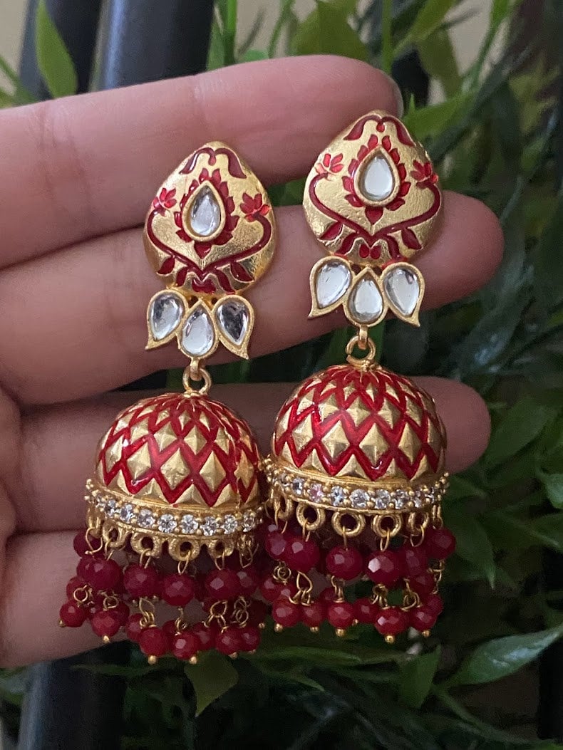 Oxidized Red Stone Jhumka Earrings