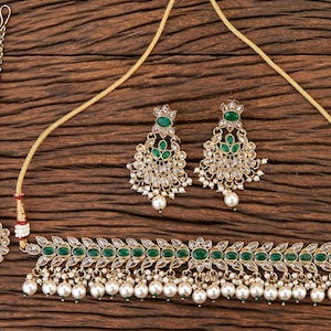 Polki Choker Necklace| Green| Dull Gold Choker | Pakistani Jewelry | Kundan Necklace | Indian Jewelry| Indian Bridal Necklace | Sabyasachi
