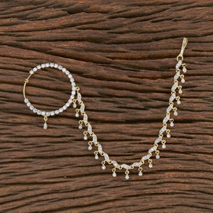 CZ Nose ring with Gold plating, Spring Nose Ring with gold chain, Gold Nath, Indian Nose Ring, Diamond Nose Ring, Bridal Nose Ring