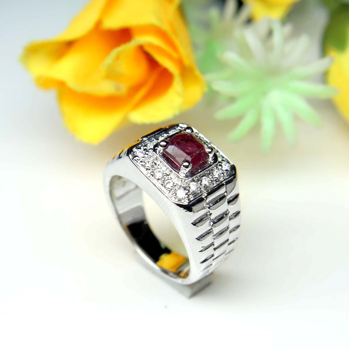 Natural Square Ruby Men's Ring/925 Solid Silver Men's | Etsy