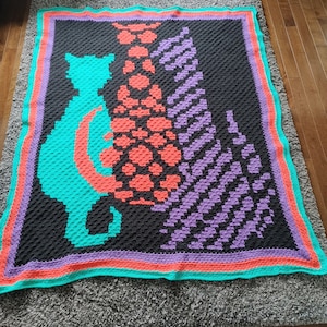 Handmade crochet colorful cat throw blanket afghan