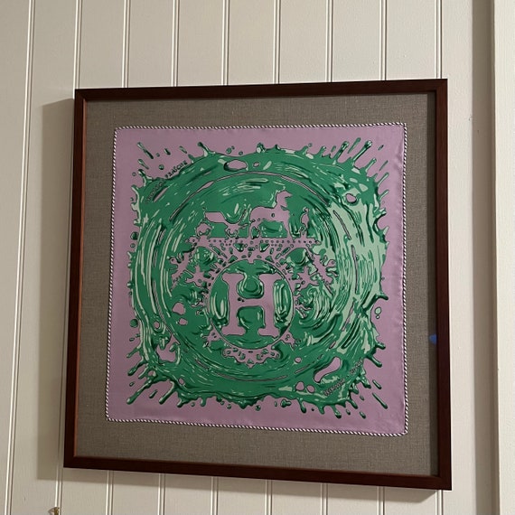 Hermes Scarf Framed Peinture Fraiche Pink Metallic Green 45cm 