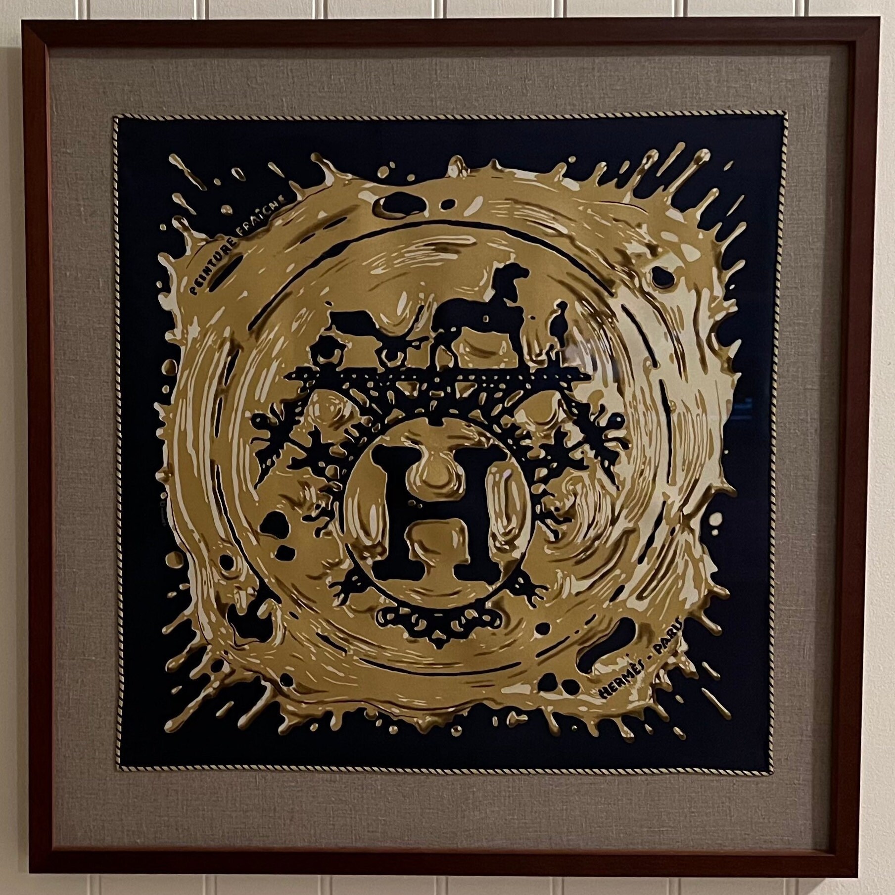 custom-framed-hermes-silk-scarf-gold-leaf-blue - Acme Framing