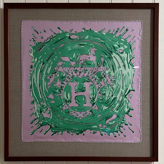 Hermes Scarf Framed Peinture Fraiche Pink Metallic Green 45cm 