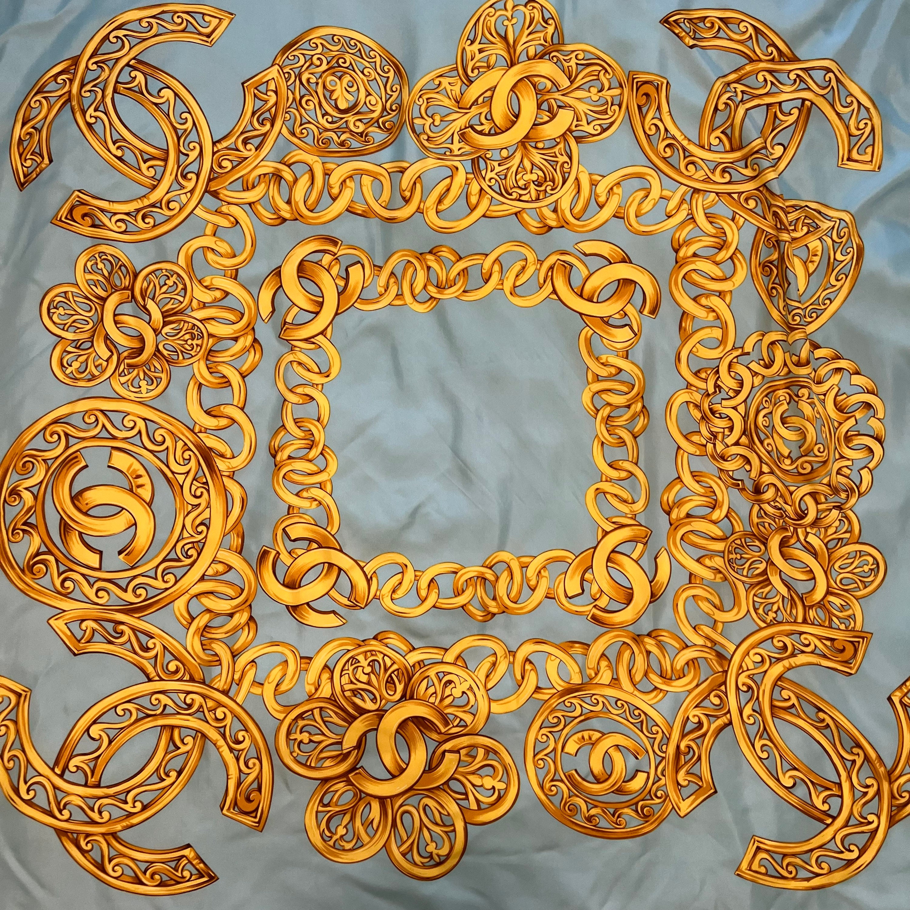 Large Vintage CHANEL 100% Silk Medallions, Chains and Pearls Scarf 