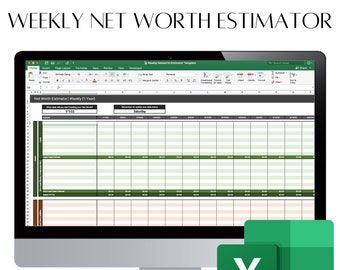 May include: A computer screen displaying a spreadsheet titled "Weekly Net Worth Estimator Template" in Microsoft Excel. The spreadsheet is a net worth tracker with columns for different asset categories and rows for each week of the year. The spreadsheet is open on a computer screen with the Microsoft Excel logo in the lower right corner.