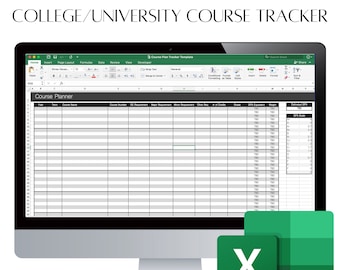 May include: A computer screen displaying a spreadsheet with the title "Course Plan Tracker Template". The spreadsheet is a course planner for college or university students. The spreadsheet includes columns for year, term, course name, course number, credit hours, grade, GPA equivalent, weighted GPA, and estimated GPA. The spreadsheet is in Microsoft Excel.