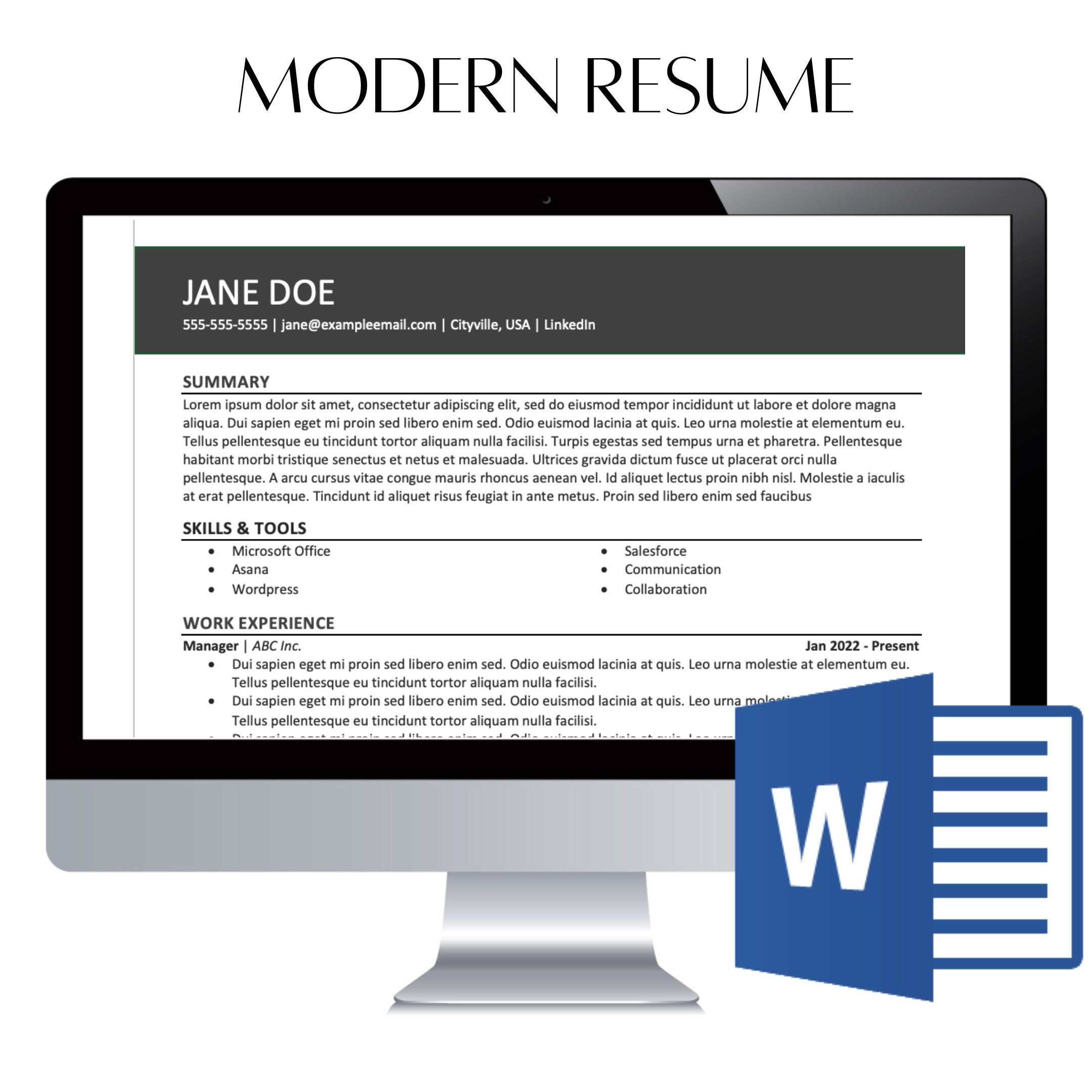 Modern Resume Template - Microsoft Word Download - Customizable ...