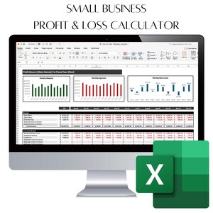 May include: A computer screen showing a spreadsheet labelled "Profit & Loss Calculator" for small businesses. The spreadsheet displays monthly revenue, expenses, and net income. The Excel logo is in the bottom right corner.