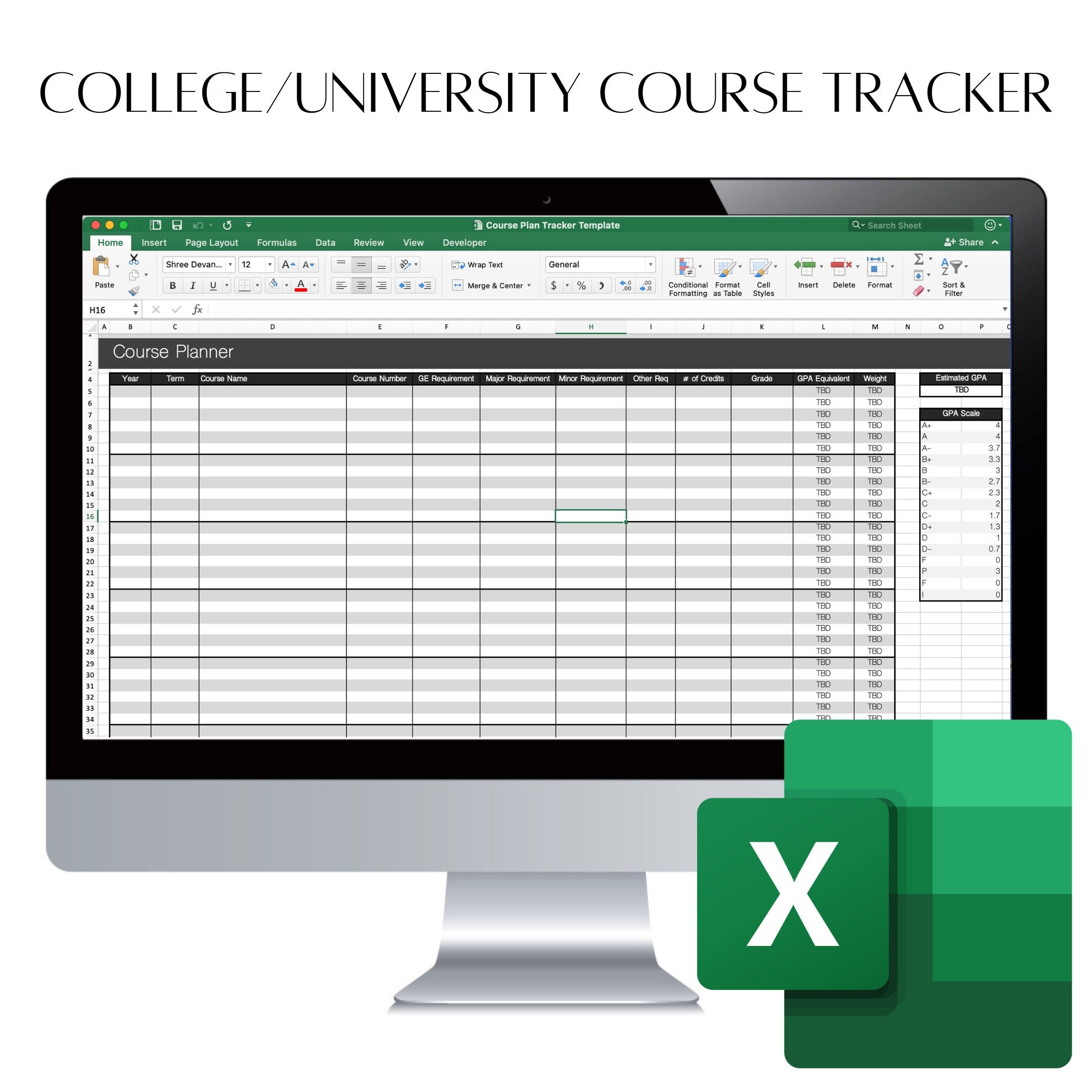 College / University Course Planner - Excel Template - Organization ...
