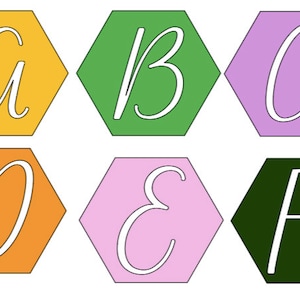 May include: Six hexagonal shapes, each with a different color and a white letter in cursive. The colors are yellow, green, purple, orange, pink, and dark green. The letters are A, B, C, D, E, and F.
