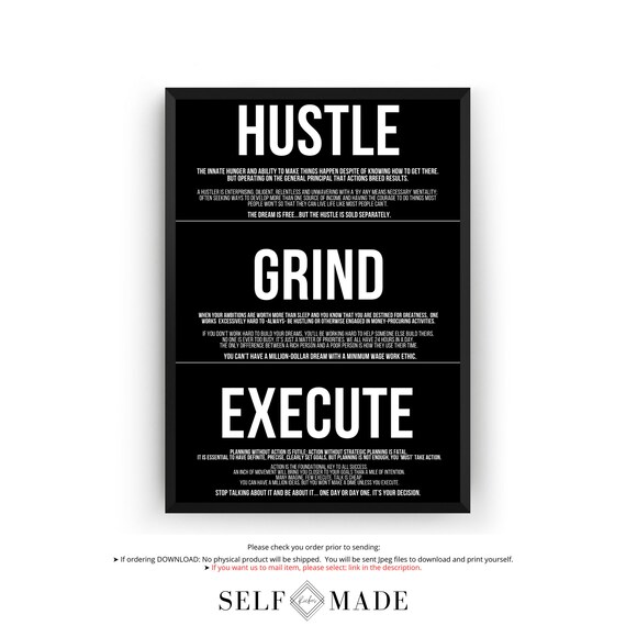 Hustle Grind Execute Motivational Wall Art Inspirational Quote Etsy