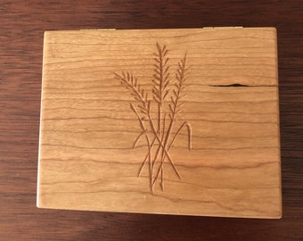 Cherry Wood Box: Hand-Carved Wheat Design, Keepsake Storage (6"x4.5")