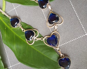 Collar de corazón de cristal azul en plata de ley - Bisutería vintage