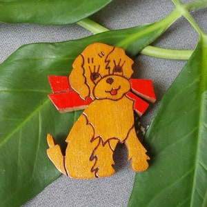Antique Wooden Dog Pin - Old Painted Wood Brooch - As Found at the Market