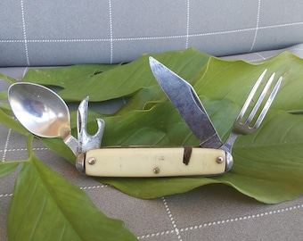 Cuchillo de campamento antiguo con mango de celuloide: herramienta multiusos de estilo colonial estadounidense